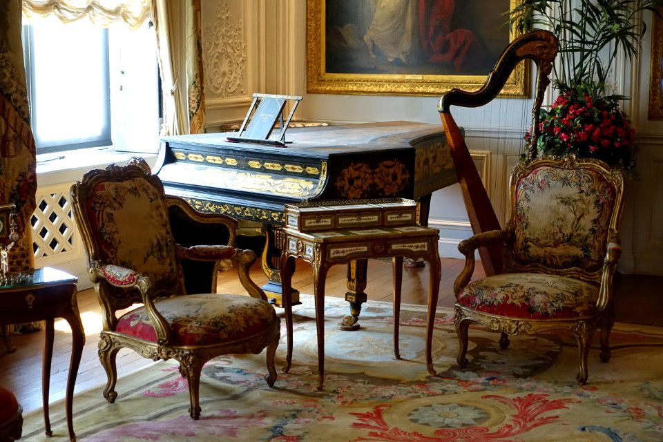 Piano by Pleyel, 1879, with harpsichord lid from 1630-1640, and writing table by Martin Carlin, France, c. 1766 - Waddesdon Manor - Buckinghamshire, England - DSC07645