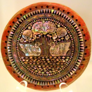 Pillow-end plaque with Mandarin ducks (marital harmony), 1 of 2 , Korea, Joseon dynasty, 18th century, wood inlaid with mother of pearl - Royal Ontario Museum - DSC04307