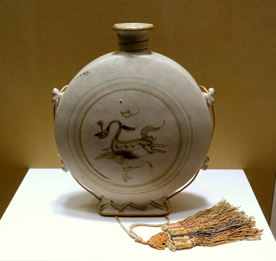 Pilgrim flask with cord and tassel, Korea, Joseon dynasty, 15th century AD, glazed stoneware, fiber - John and Mable Ringling Museum of Art - Sarasota, FL - DSC00714