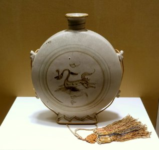 Pilgrim flask with cord and tassel, Korea, Joseon dynasty, 15th century AD, glazed stoneware, fiber - John and Mable Ringling Museum of Art - Sarasota, FL - DSC00714