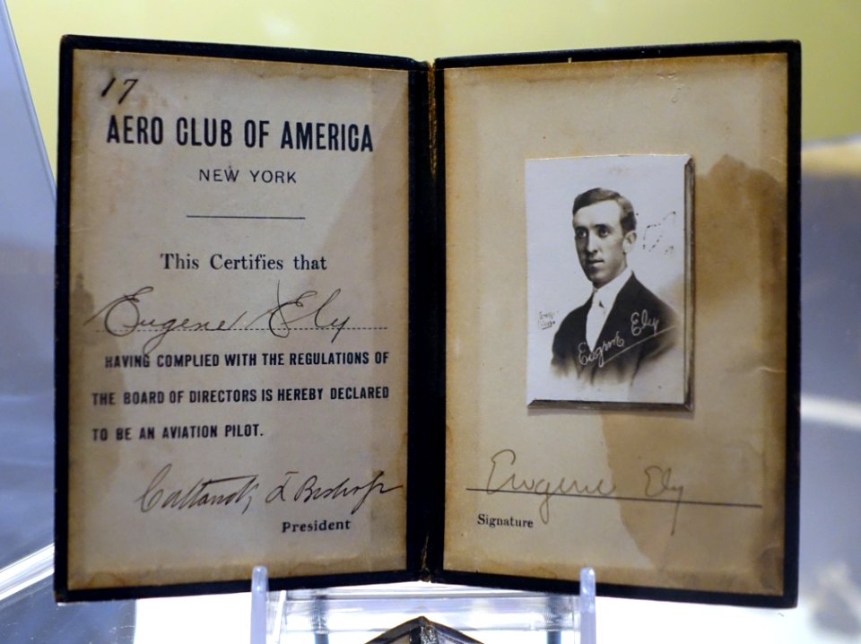 Pilot license for Eugene Ely, No. 17, Aero Club of America, 1910 - Hiller Aviation Museum - San Carlos, California - DSC03233