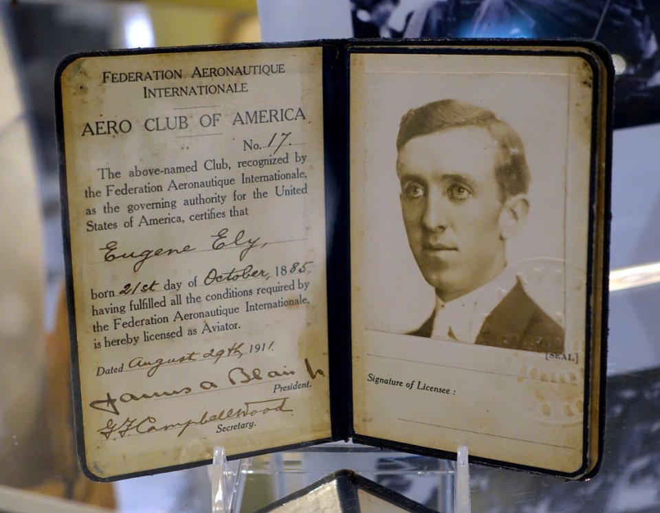 Pilot license for Eugene Ely, No. 17, Aero Club of America, 1911 - Hiller Aviation Museum - San Carlos, California - DSC03231