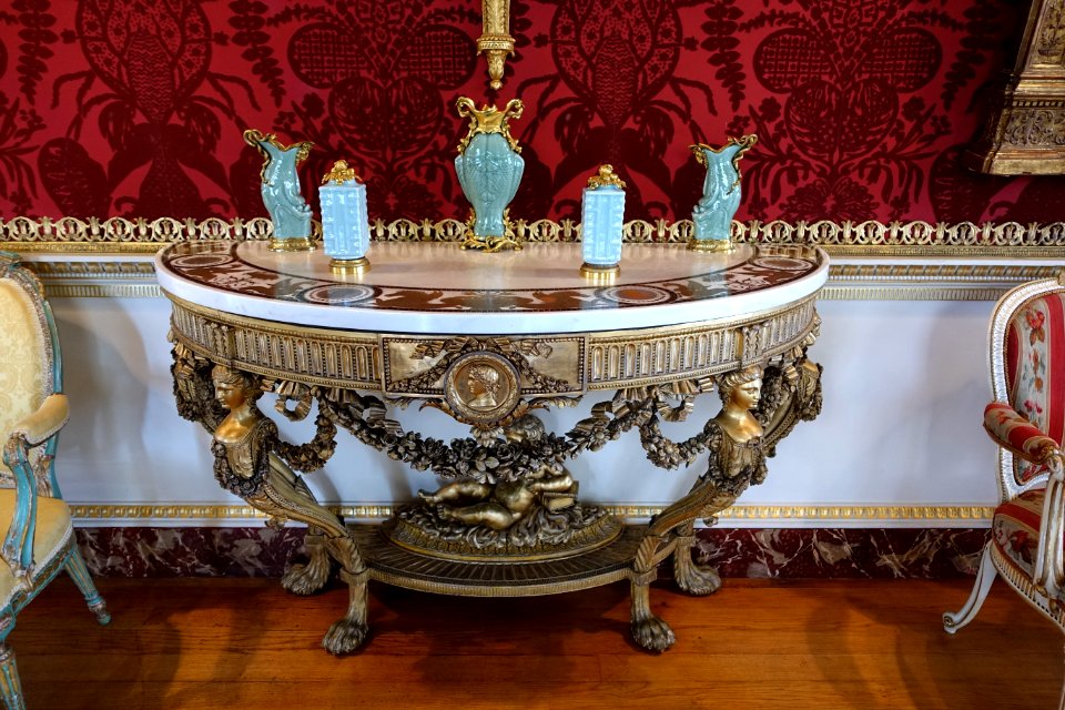 Pier table by Thomas Chippendale, c. 1779, giltwood with marble and scagliola top - Gallery - Harewood House - West Yorkshire, England - DSC01985