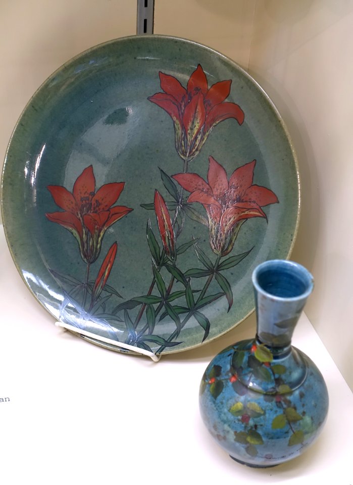 Pieces with painted decoration atop the glaze, Chelsea Keramic Art Works, c. 1875, ceramic - Dedham Historical Society - Dedham Massachusetts - DSC04263