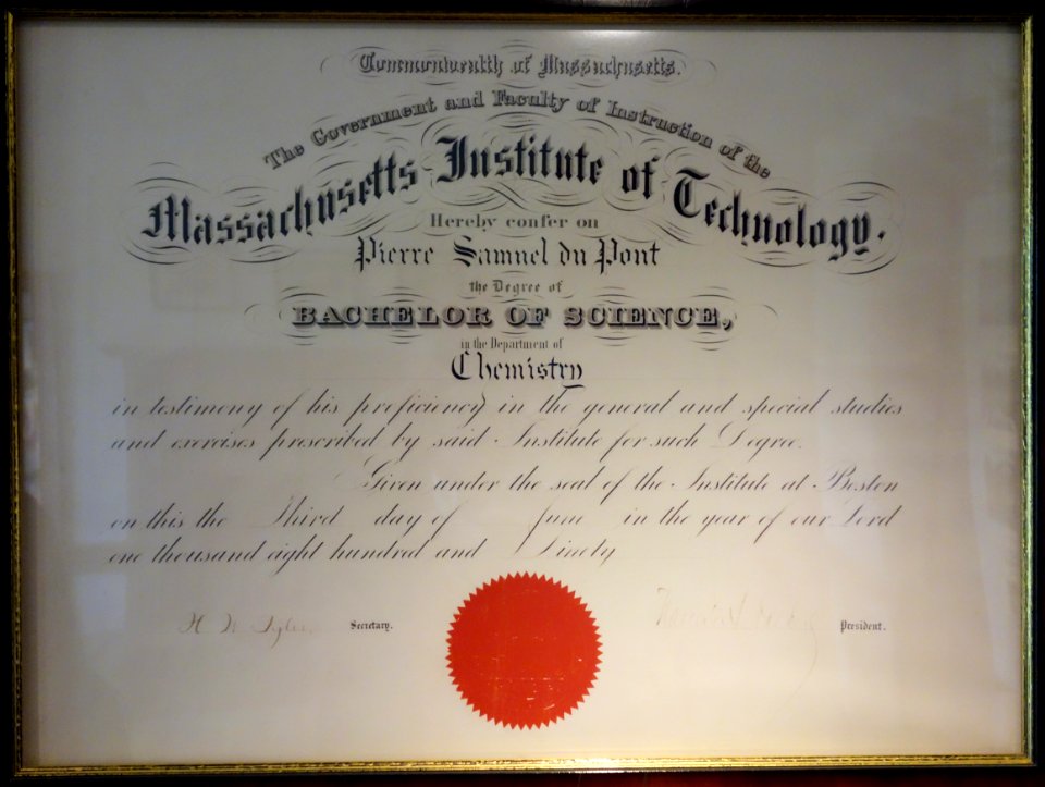 Pierre Samuel du Pont MIT Bachelor of Science degree in Chemistry - Heritage Exhibit - Longwood Gardens - DSC00934