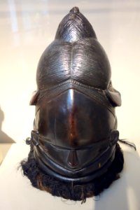 Sande Society Mask (sowei), Sierra Leone, Sewa-Mende people, Monowulo workshop, c. 1945, wood, blackened raffia - Chazen Museum of Art - DSC01748