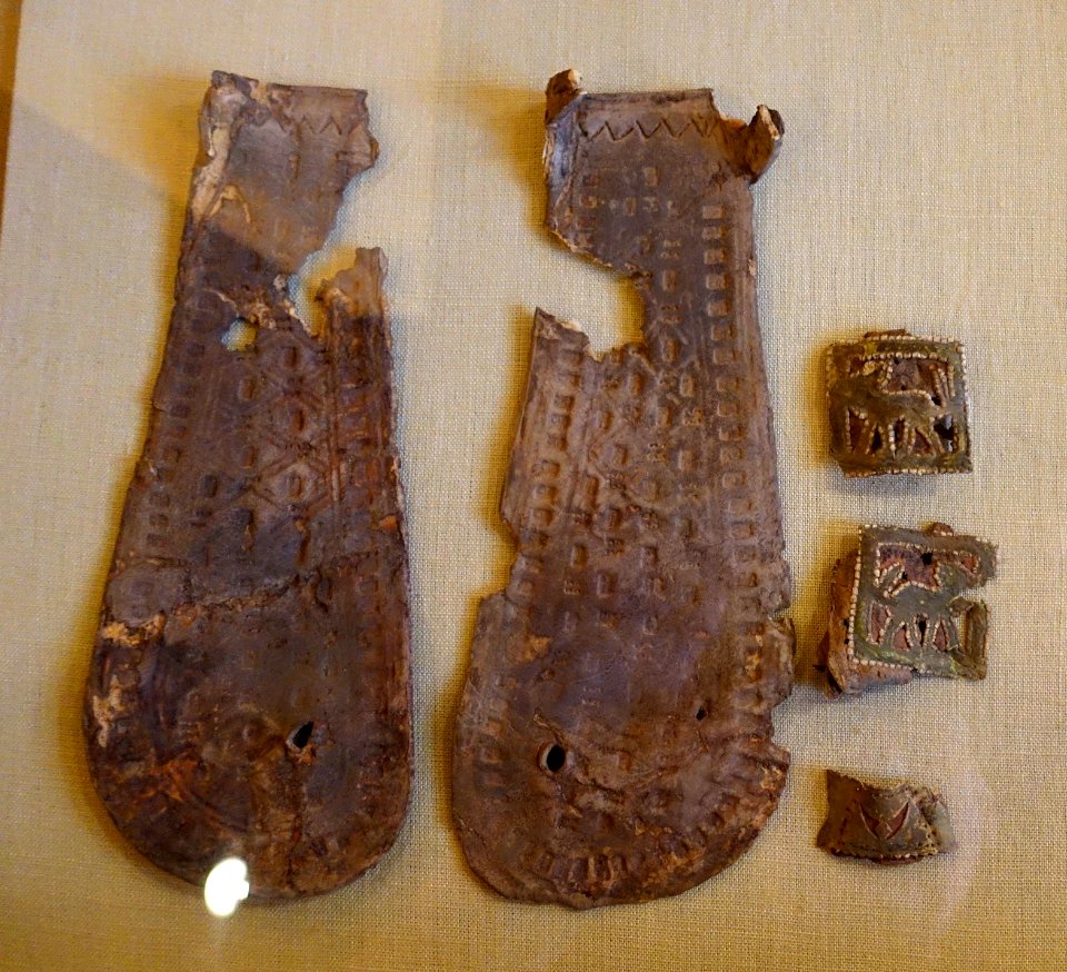 Sandals with detached straps and panels featuring animal motifs, Nubia, Ballana Cemetery B, tomb B26-3, Meroitic, c. 280 AD, animal hide and leather - Oriental Institute Museum, University of Chicago - DSC08075