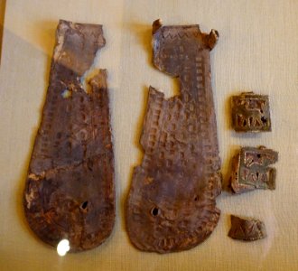 Sandals with detached straps and panels featuring animal motifs, Nubia, Ballana Cemetery B, tomb B26-3, Meroitic, c. 280 AD, animal hide and leather - Oriental Institute Museum, University of Chicago - DSC08075