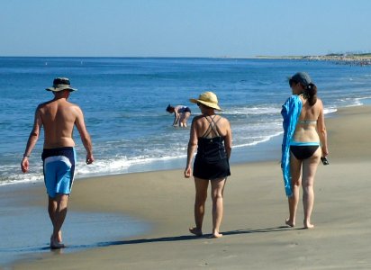 Sandy Hook beach NJ bathers walking along the sand photo