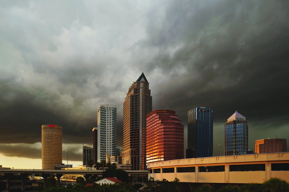 Cityscape dark clouds sky