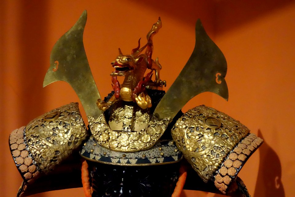 Samurai armor with Matsumae family crest, Japan, view 3 (helmet) - Glenbow Museum - DSC00604