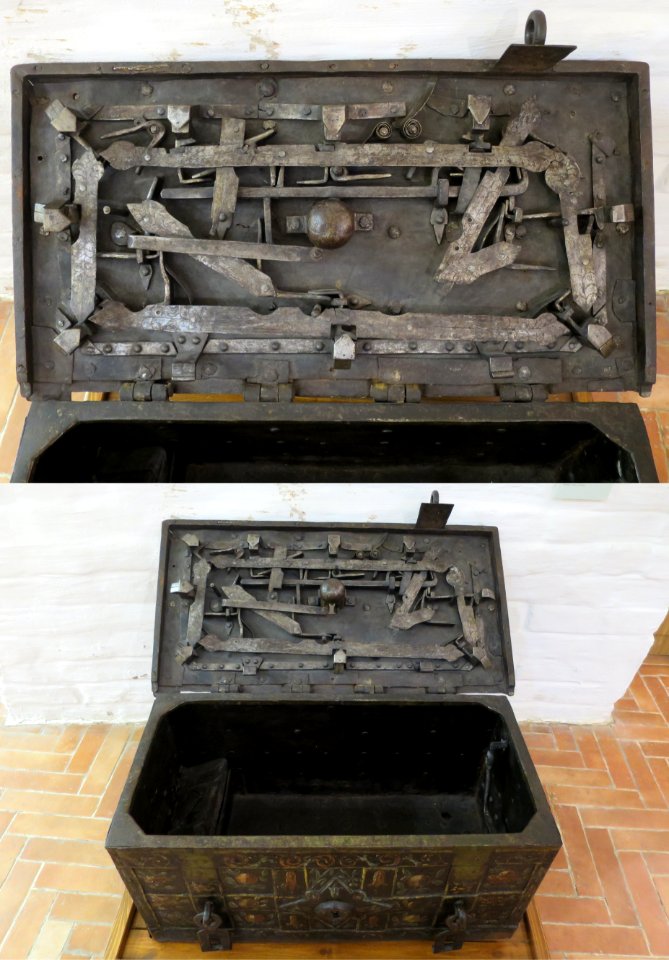 Russian strong box with locking mechanism in lid, Merchant Yard Museum