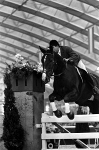 Ruiter Schockemöhle tijdens een sprong op paard Exakt, Bestanddeelnr 918-3576