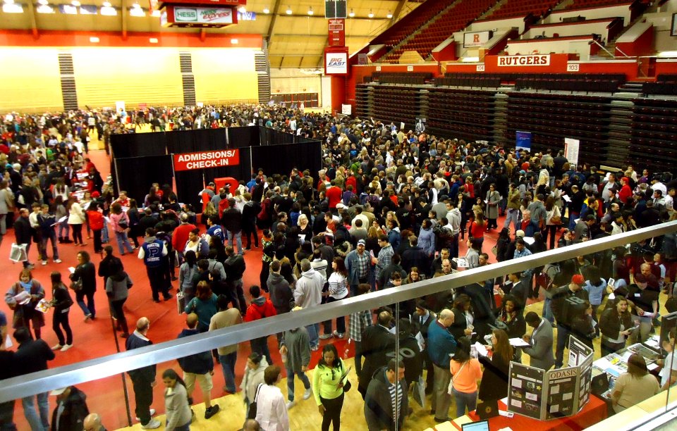 Rutgers University event for admitted students in basketball stadium