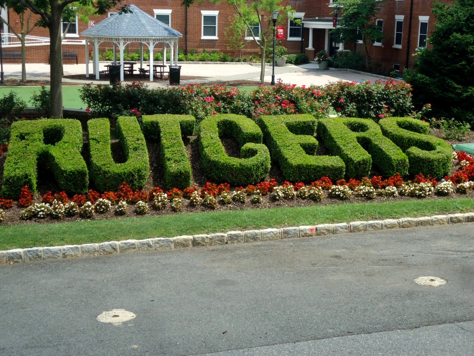 Rutgers University College Avenue campus hedge spelling out Rutgers in green