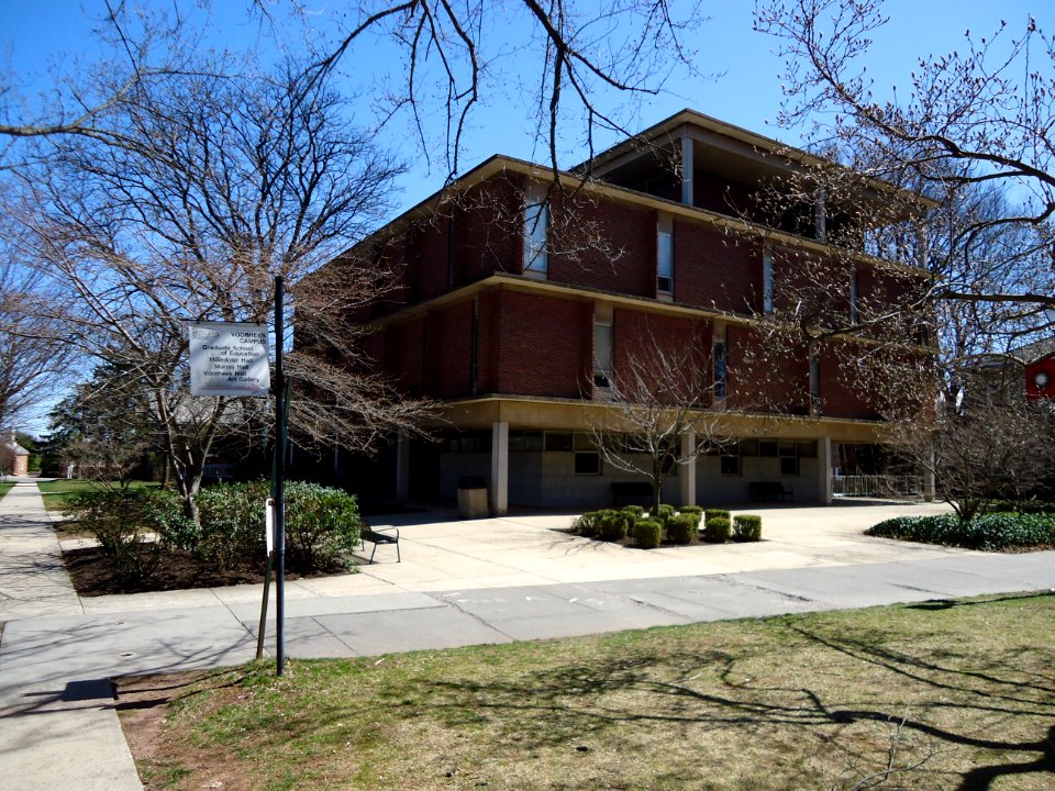 Rutgers University campus building in April
