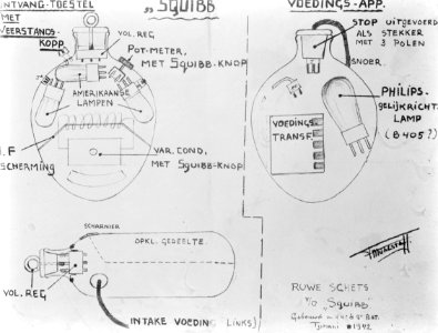 Ruwe schets van de radio-ontvanger SQUIBB, in 1942 gemaakt in kamp Tjimahi door…, Bestanddeelnr 8815