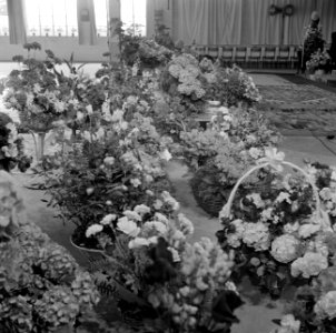 Ruimte met bloemstukken in manden (vermoedelijk cadeaus bij receptie), Bestanddeelnr 255-8483