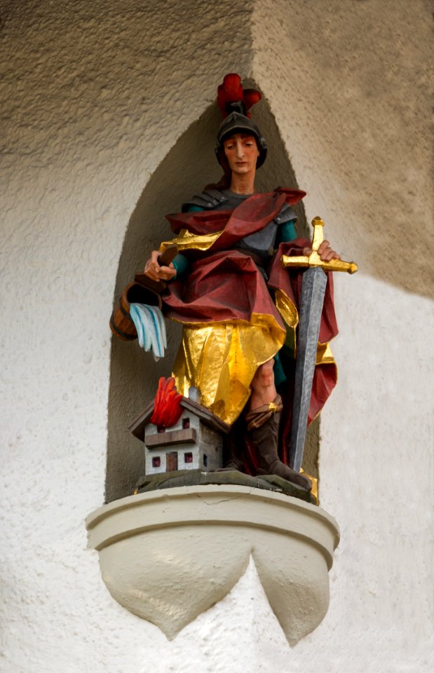 Saint Florian, statue, street corner, Oberammergau, Bavaria, Germany