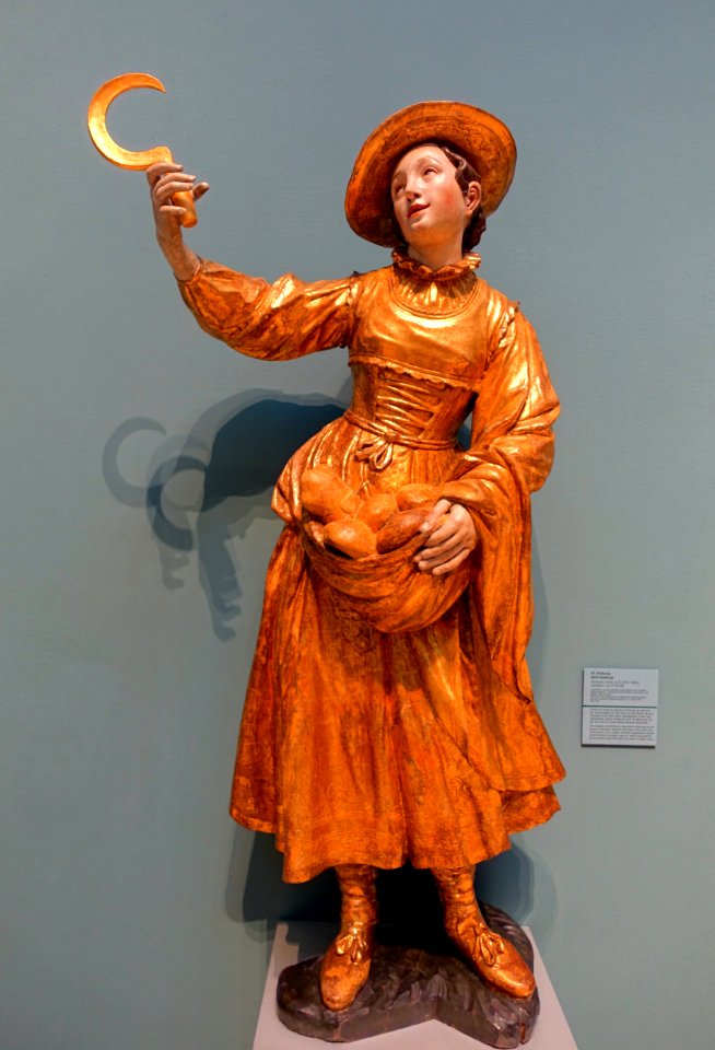 Saint Notburga, by Christian Jorhan the elder, Landshut, c. 1775-1780, limewood, polychrome and gilt, sickle restored - Germanisches Nationalmuseum - Nuremberg, Germany - DSC03801