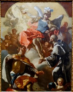 Saint Michael, Saint Bruno, and (perhaps) Saint Louis of Toulouse, by Andrea D'Aste, after c. 1709, oil on canvas - Blanton Museum of Art - Austin, Texas - DSC07929