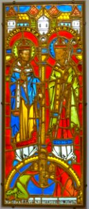 Saint Augustine and Saint Nicholas with donors, Middle Rhine, c. 1250, stained and painted glass - Hessisches Landesmuseum Darmstadt - Darmstadt, Germany - DSC00184