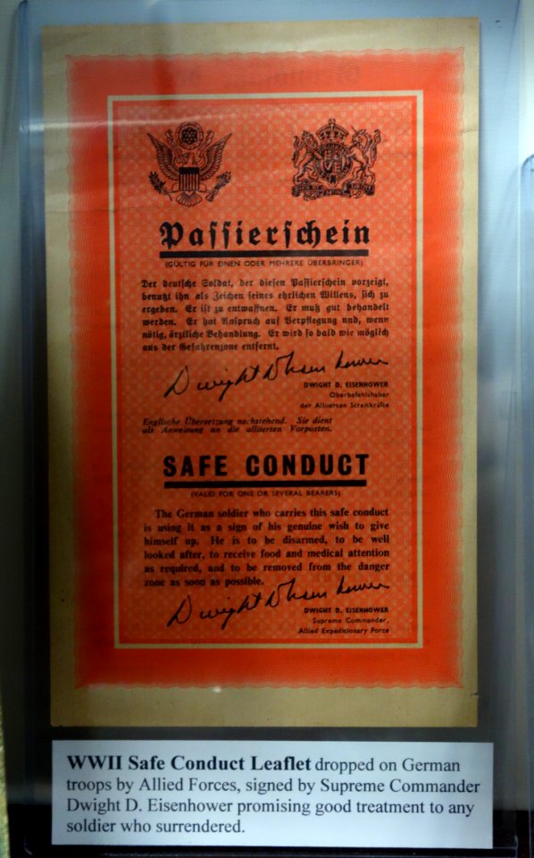 Safe Conduct Leaflet, World War II, dropped on German troops - Fort Devens Museum - DSC07161