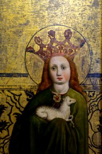 Saint Agnes, circle of the Masters of the Tucheraltars, Nuremberg, c. 1440-1445, painting on coniferous wood, detail - Germanisches Nationalmuseum - Nuremberg, Germany - DSC02899