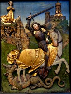 Saint George slaying the dragon, Bamberg, from the Stiftskirche in Wimpfen am Neckar, c. 1480, limewood, original polychromy - Germanisches Nationalmuseum - Nuremberg, Germany - DSC02932