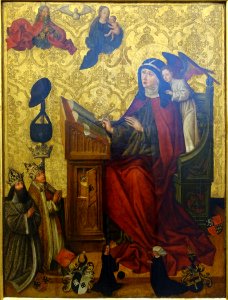Saint Birgitta at her desk, epitaph of Brigitte Topler, Nuremberg, c. 1483, paint on pinewood - Germanisches Nationalmuseum - Nuremberg, Germany - DSC03249