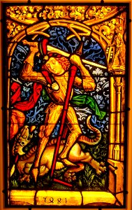 Saint George and the Dragon, from St. Cacilien in Neckarsteinach, Middle Rhine - Pfalz, 1483 AD, stained and painted glass - Hessisches Landesmuseum Darmstadt - Darmstadt, Germany - DSC00618