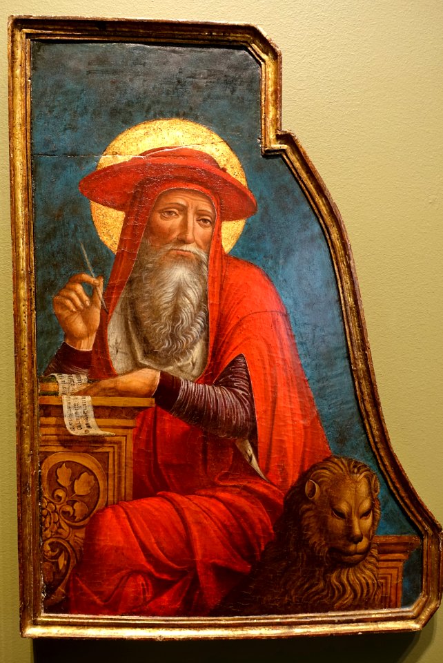 Saint Augustine and Saint Jerome, Giovanni Ambrogio Bevilacqua, Milan, tempera and gold leaf on wood panel, right panel - Blanton Museum of Art - Austin, Texas - DSC07717