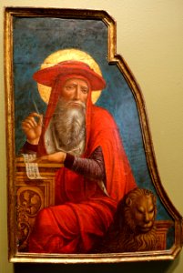 Saint Augustine and Saint Jerome, Giovanni Ambrogio Bevilacqua, Milan, tempera and gold leaf on wood panel, right panel - Blanton Museum of Art - Austin, Texas - DSC07717