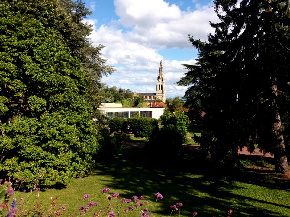 Saint-Cyr-au-Mont-d'Or - Parc de la Mairie, vue sur l'église Saint-Cyr-et-Sainte-Julitte