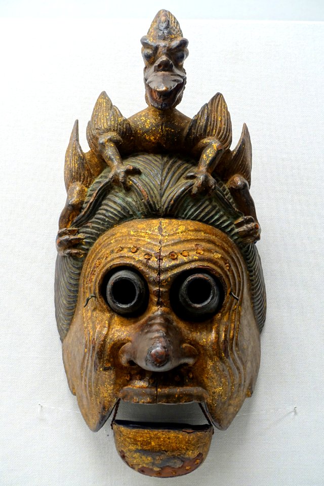 Ryo'o bugaku mask, lent by Masumida Jinja, Aichi, Japan, Kamakura period, dated 1211 AD, wood with polychromy - Tokyo National Museum - Tokyo, Japan - DSC09007
