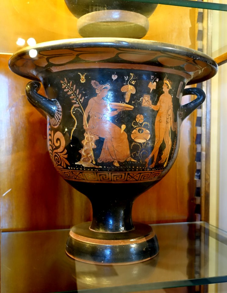 Seated woman and Pan with syrinx and lagobolon, inv. 164, bell krater, Apulian red figure vase, Painter of Conservatori 164, mid 4th century BC, ceramic - Musei Capitolini - Rome, Italy - DSC05904