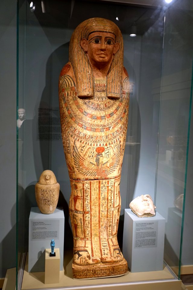 Sarcophagus of Hathor-Mut-Netcher, Egyptian, Late period, 26th to 30th dynasty, 664-343 BC, painted gesso on wood - Middlebury College Museum of Art - Middlebury, VT - DSC08050