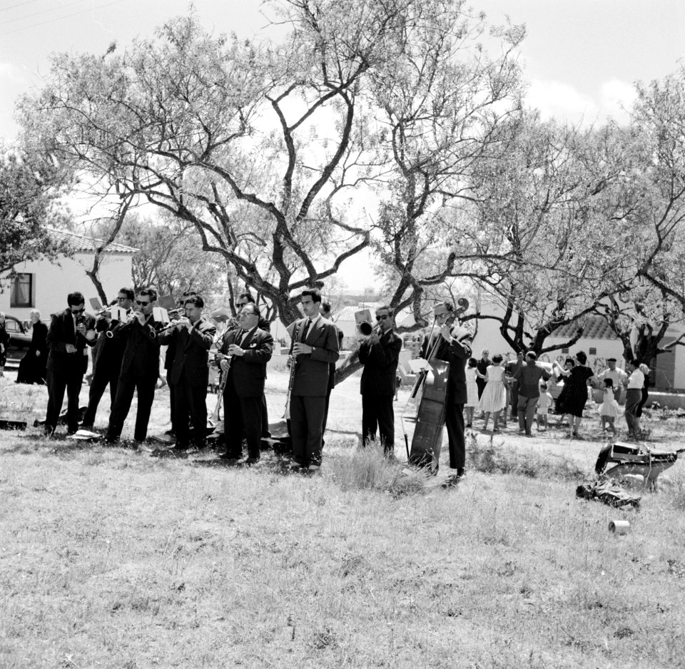 Sardana spelende orkest en dansende mensen op een weide, Bestanddeelnr 254-0857