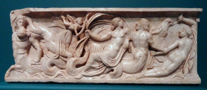 Sarcophagus fragment with Eros, Nereids, Tritons, and a sea horse, Roman, Early Antonine, Italy, c. 140-160 AD, marble - Hood Museum of Art - DSC09282