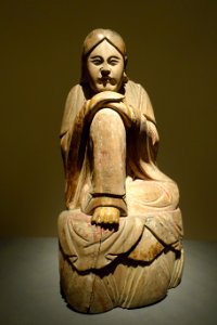 Seated Luohan, China, Yuan dynasty, 14th century AD, wood with remains of coloring - Ethnological Museum, Berlin - DSC02100
