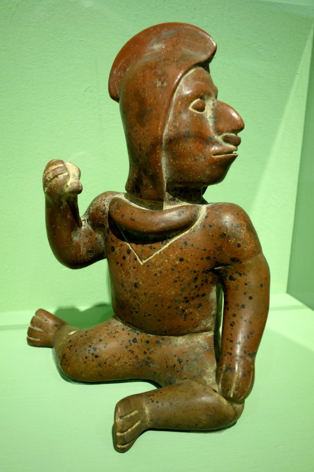 Seated shaman figure, Colima, Mexico, Preclassic, c. 100 BC - 300 AD, ceramic, burnished redware - Fitchburg Art Museum - DSC08804