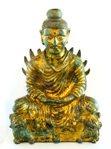Seated Buddha Shakyamuni in Meditation with Flaming Shoulders, China, Gandharan style, Six Dynasties period, 3rd to early 4th century AD, gilt bronze - Arthur M. Sackler Museum, Harvard University - DSC00886