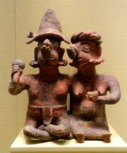 Seated couple, Nayarit, west Mexico, c. 200 BC to 300 AD, ceramic, polychrome slip - Portland Art Museum - Portland, Oregon - DSC09183