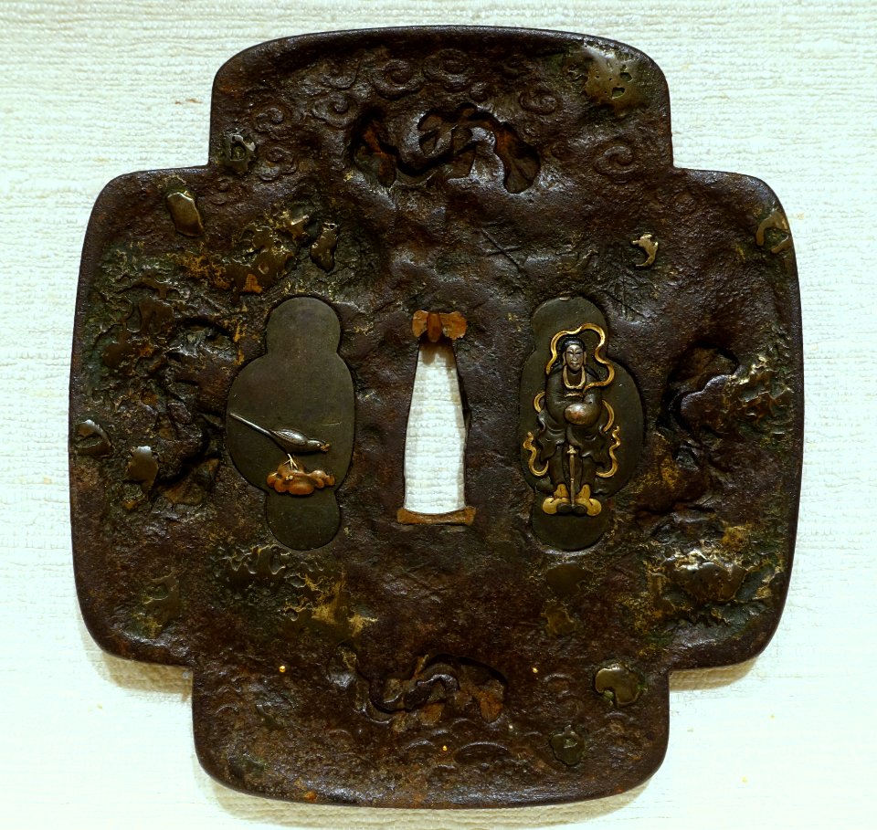 Seascape, tsuba, Japan, Tenbo school, plugs by Goto Ichijo, 1581 AD, iron, bronze - Peabody Essex Museum - DSC07436