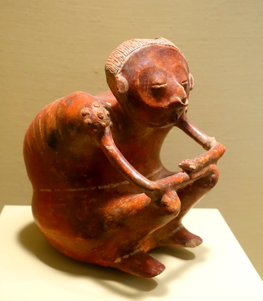 Seated figure, Nayarit, west Mexico, c. 300 BC to 200 AD, ceramic, polychrome slip - Portland Art Museum - Portland, Oregon - DSC09172