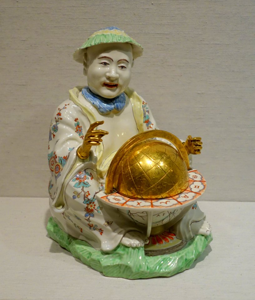Seated figure with globe, Chantilly factory, France, c. 1735, soft-paste porcelain with colored enamels over tin glaze, gilt bronze, 2004.361.3 - Metropolitan Museum of Art - New York City - DSC07447