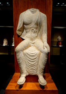 Seated Buddha with legs pendent, probably cave 21, Tianlongshan Grottoes, Shanxi province, China, Tang dynasty, 700s AD, sandstone - Tokyo National Museum - Tokyo, Japan - DSC08745