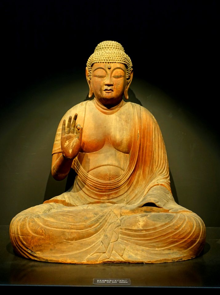 Seated Amida Nyorai (Amitabha), Chorakuji, Kyotanba-cho, Funai-gun, Kyoto, Heian period, 1147 AD, wood, gold leaf - Tokyo National Museum - Ueno Park, Tokyo, Japan - DSC08668