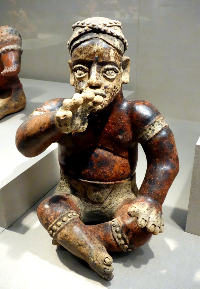 Seated male figure, West Mexico, Jalisco, 300 BC to 300 AD, earthenware and pigment - De Young Museum - DSC00485