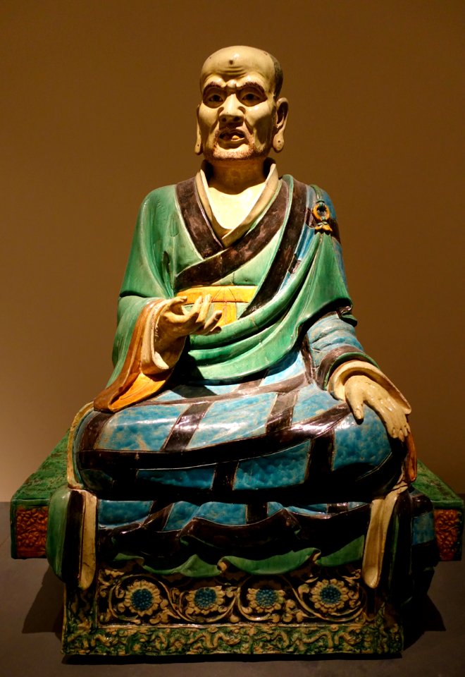 Seated Luohan, China, Ming dynasty, 16th century AD, light gray limestone with polychrome glaze - Ethnological Museum, Berlin - DSC02102
